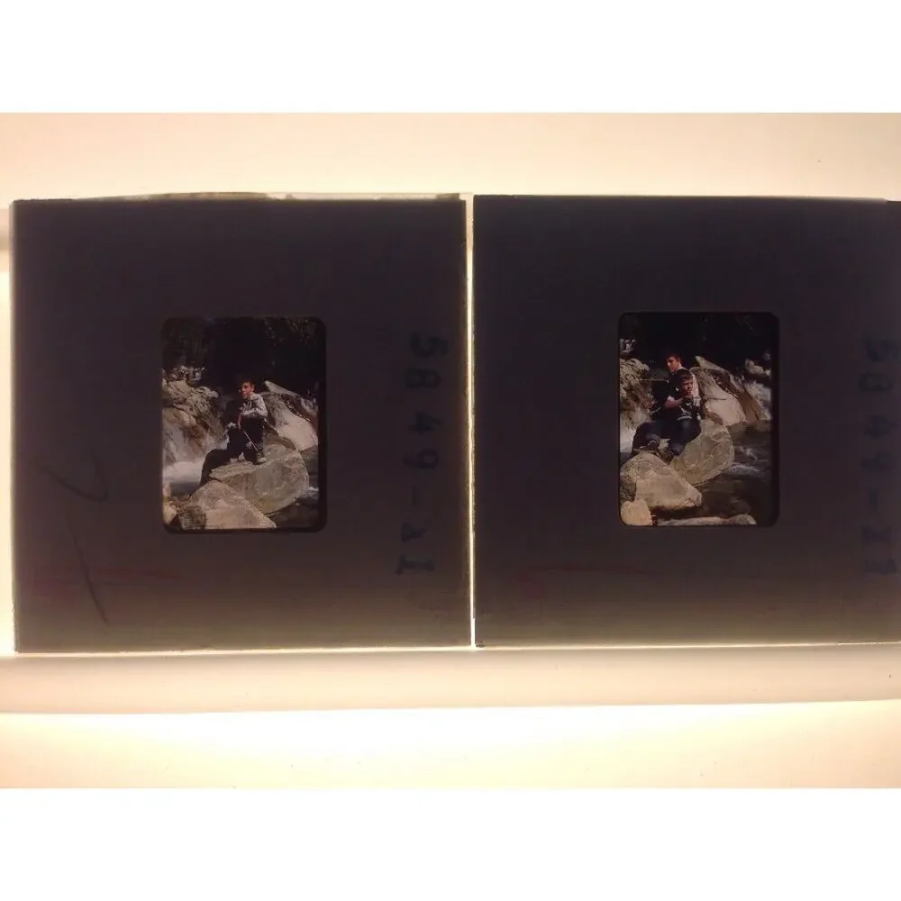 Lot of 2 Vintage 1940s Kodachrome Boys on Rocks Stream Photograph Color Slides